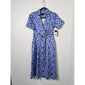 Tahari ASL Blue Short Sleeve Midi Belt Dress Size 4 NWT